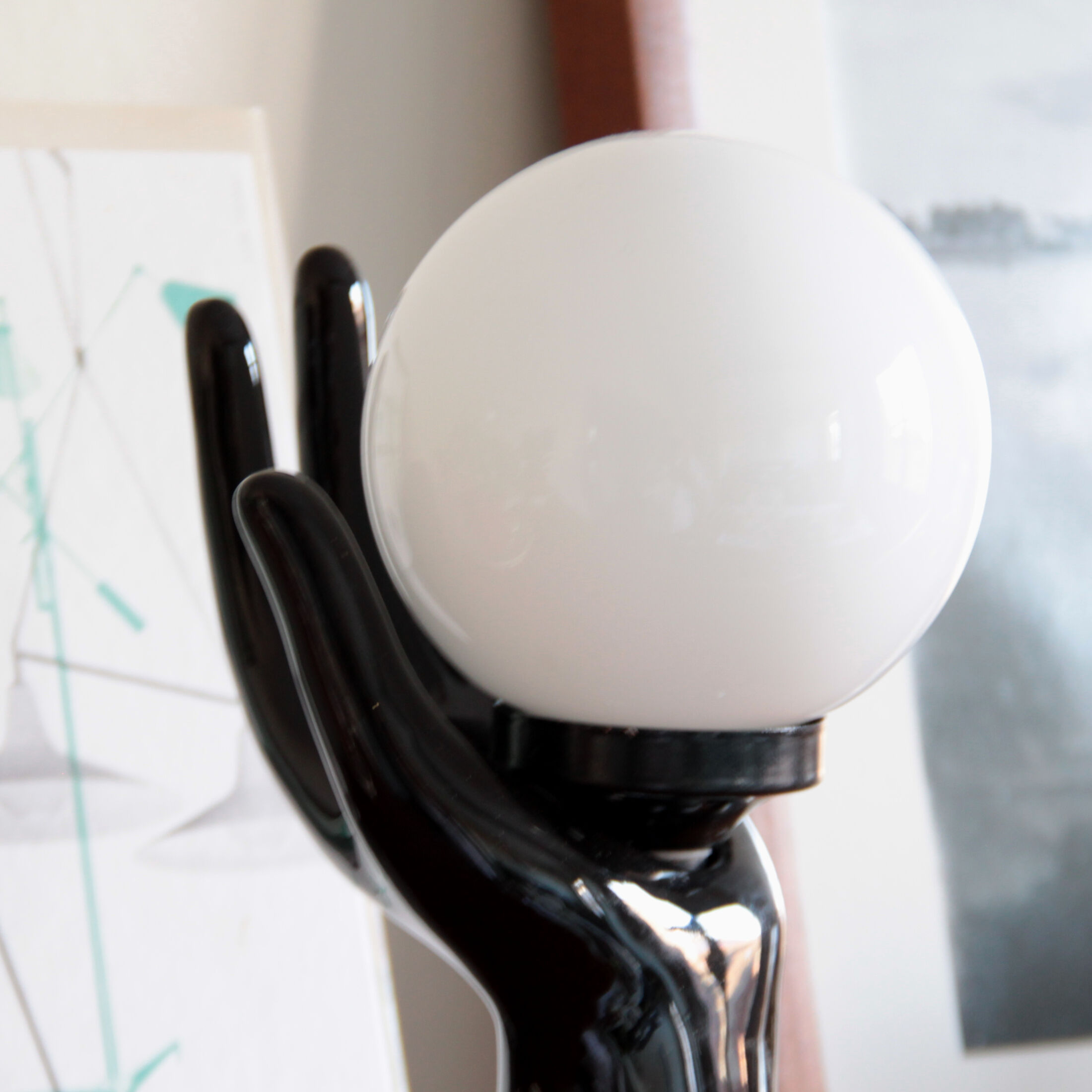 Hand lamp ceramic black globe glass opaline white vintage