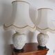 Pair of relief enameled porcelain lamps, Asian motif
