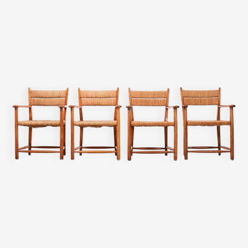 Set of 4 Armchairs in Beech and Rush Netherlands 1940s