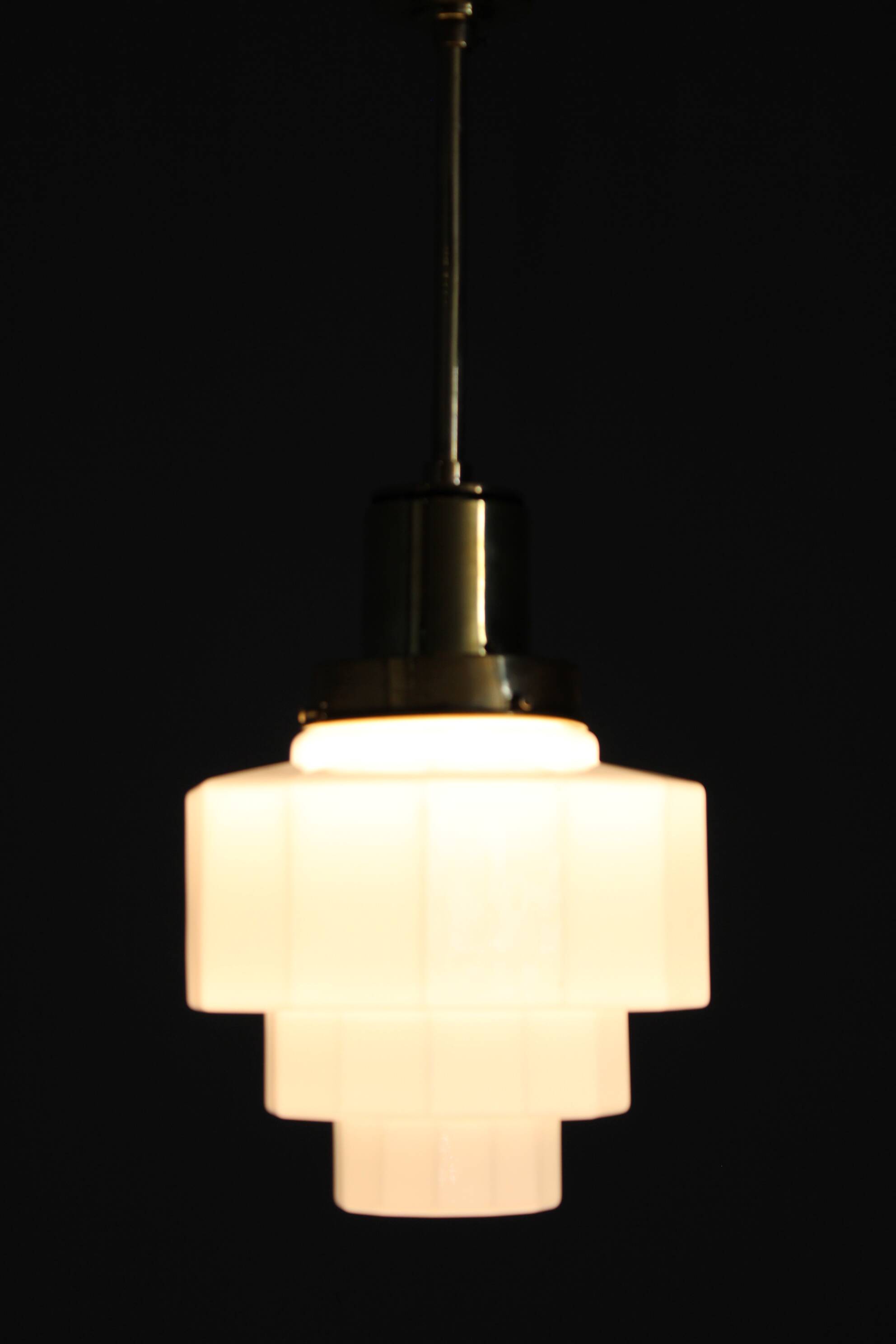 Art Deco brass and opaline glass pendant, Czechoslovakia, 1930s