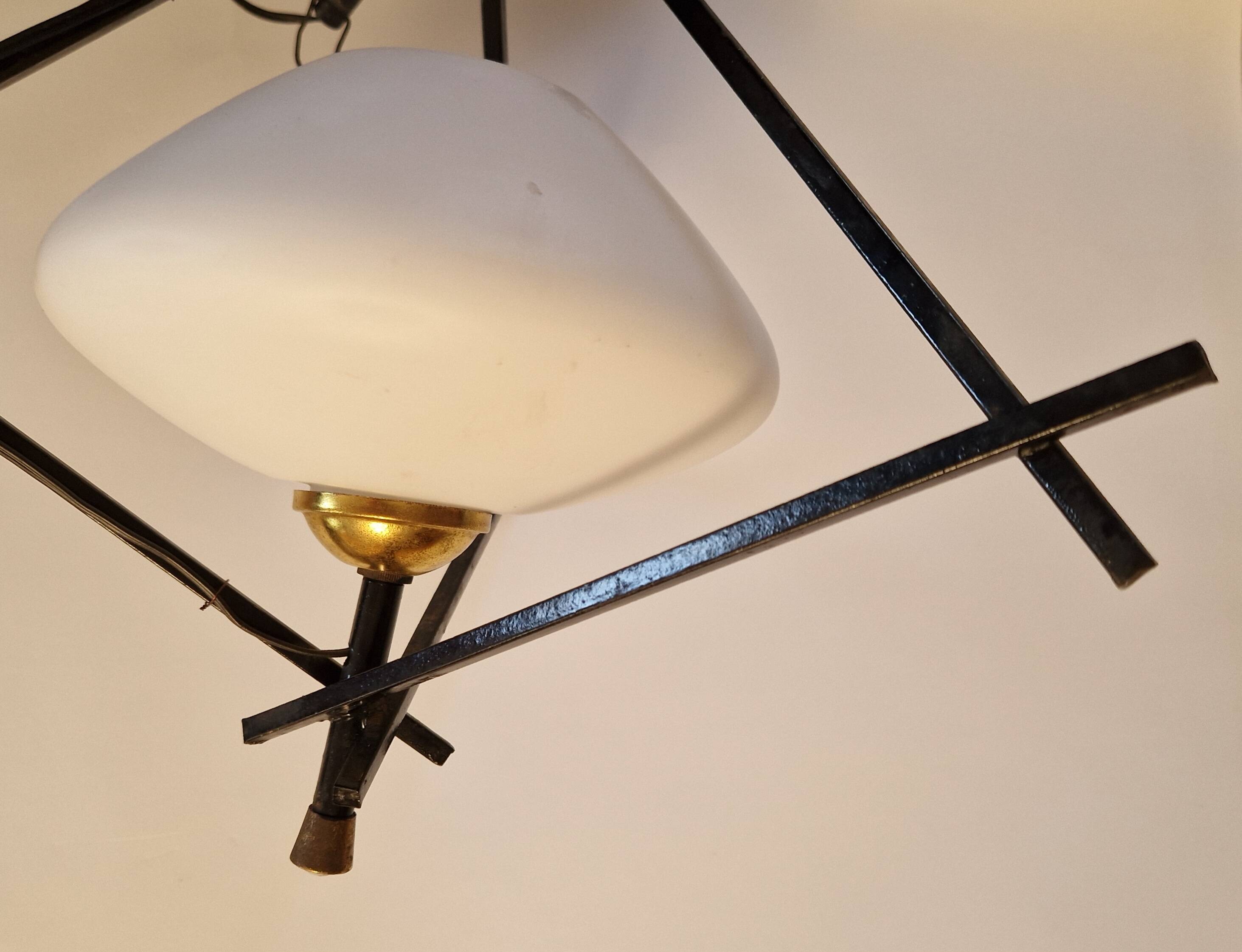 Opaline and metal triangular pendant light from Maison Lunel, 1950