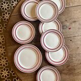 Set of 8 flat plates and a vintage dish, red and gold decorations, manufactured