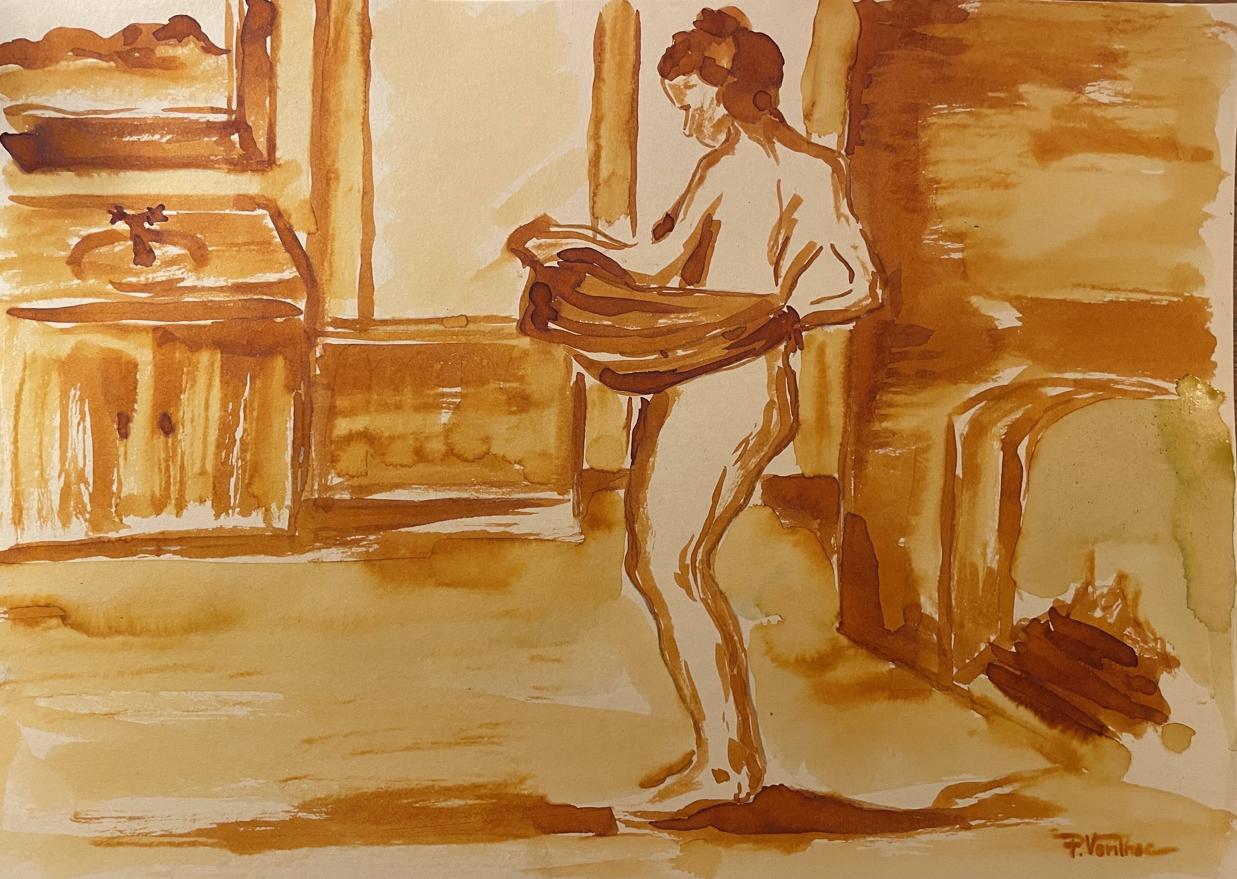 Red chalk watercolor portrait of a woman "study of coming out of the bath"