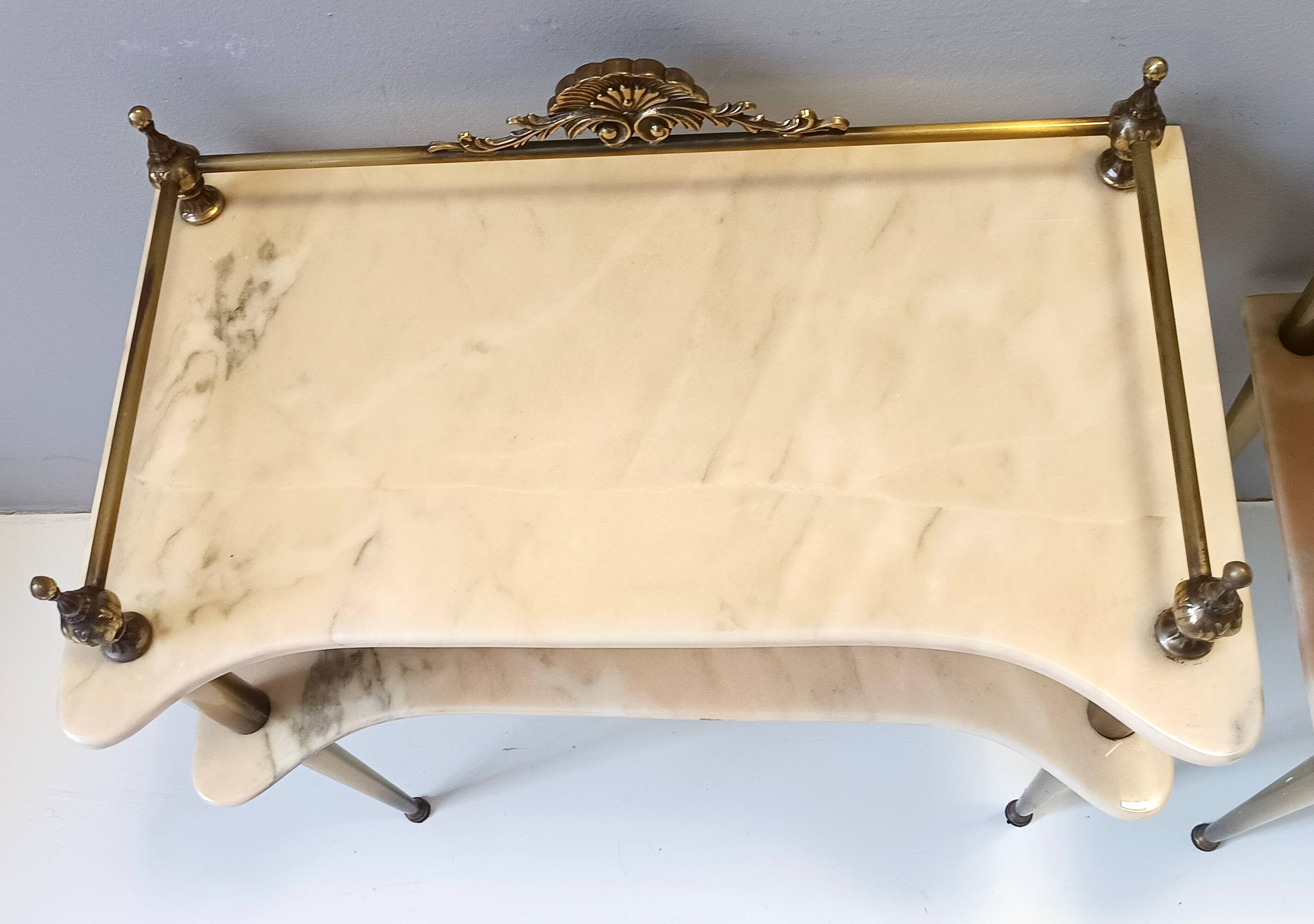 Pair of Nightstands / Console Tables with Marble Tops and Brass Legs, Italy