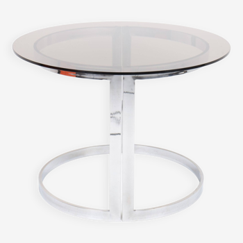 Table ronde vintage en acier chromé et verre fumé, années 70