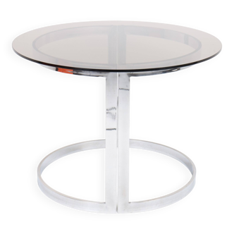 Vintage round table in chrome steel and smoked glass, 1970s