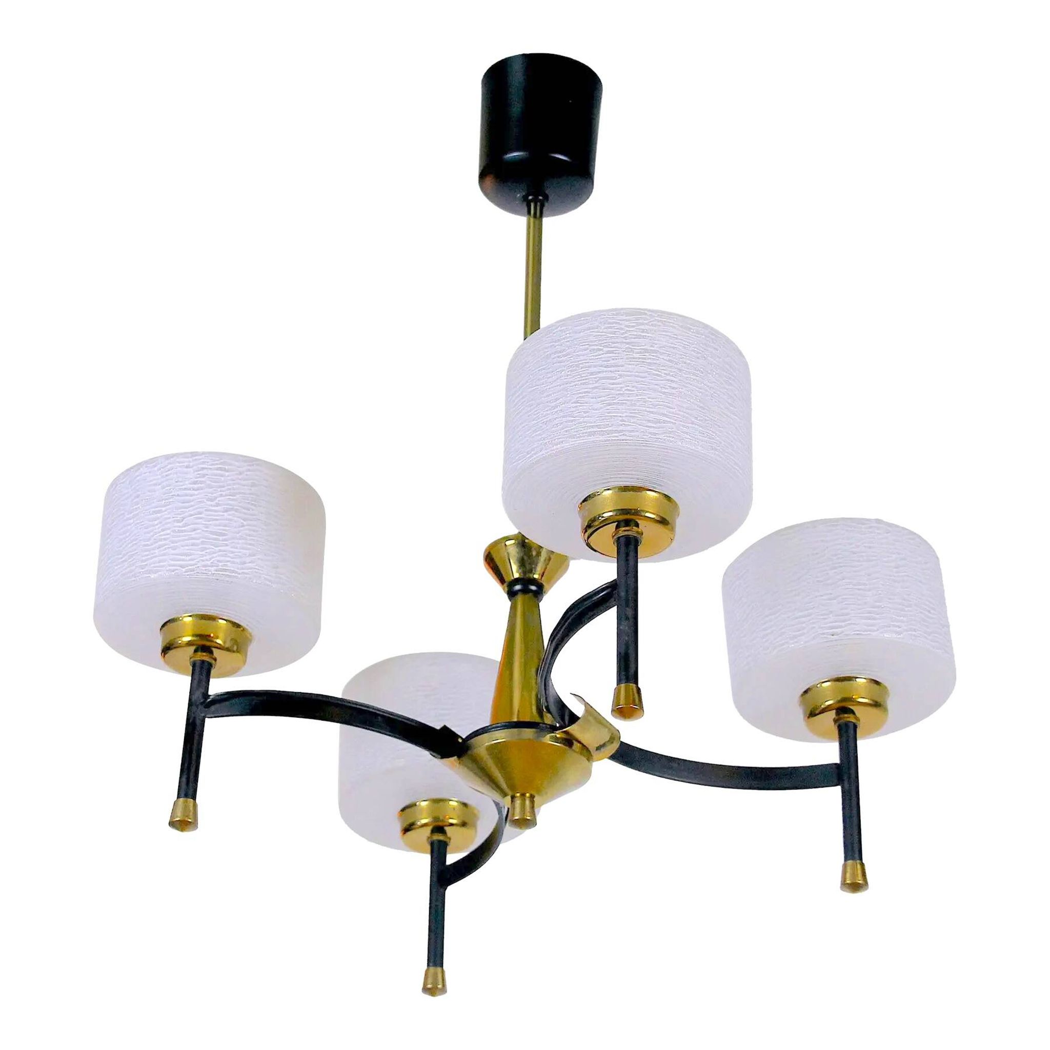 Maison Arlus, Mid-century chandelier, brass and opaline, France 1950