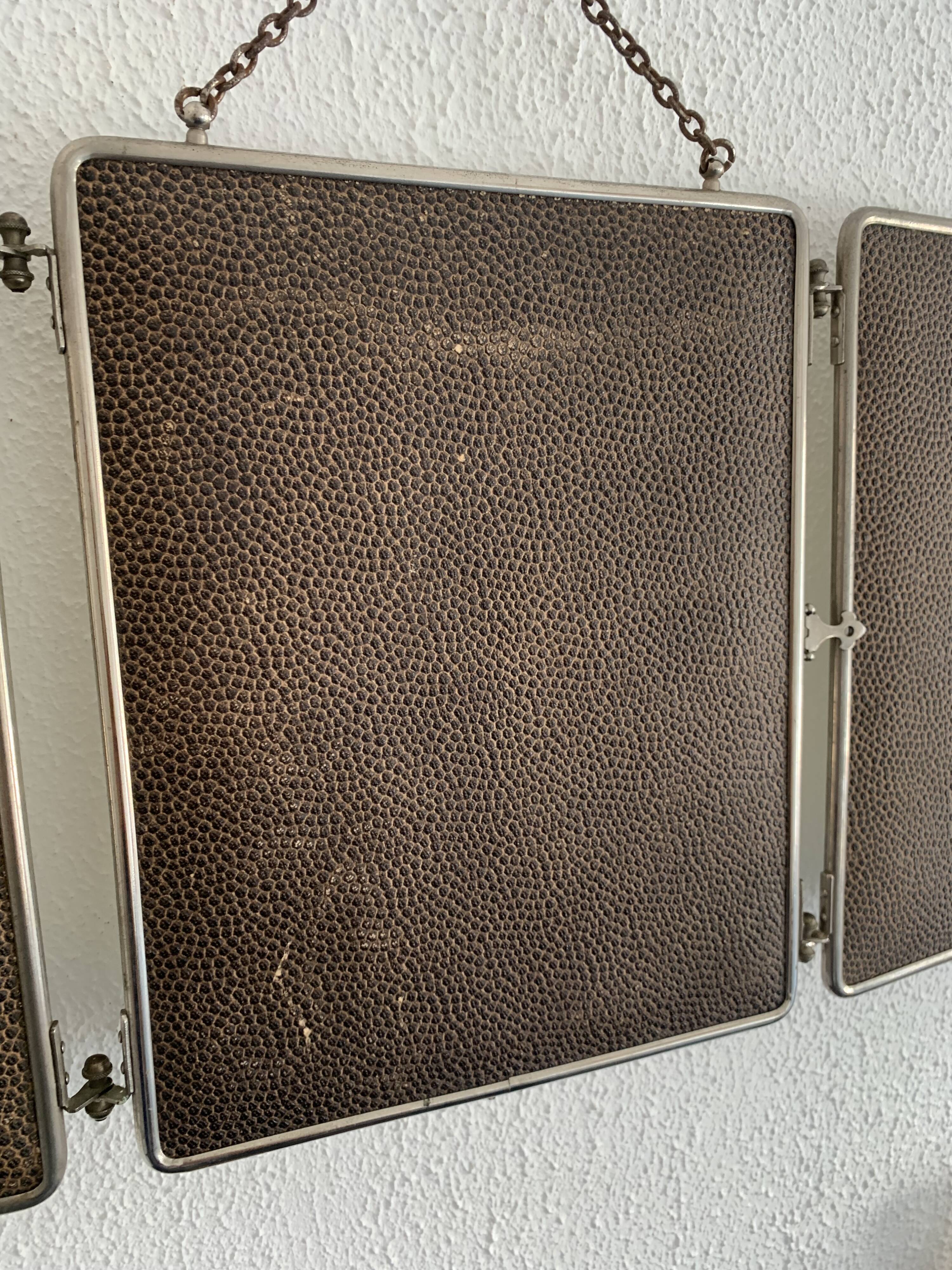 Vintage 1930s triptych barber mirror faux shagreen brown - 30 x 77 cm