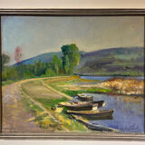 Tableau ancien, paysage bord d’un étang, Signé Michel Loche ( 1897;1976)