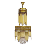 Art Nouveau style bronze chandelier with yellow and mauve pendants, 11 lights. 1960s