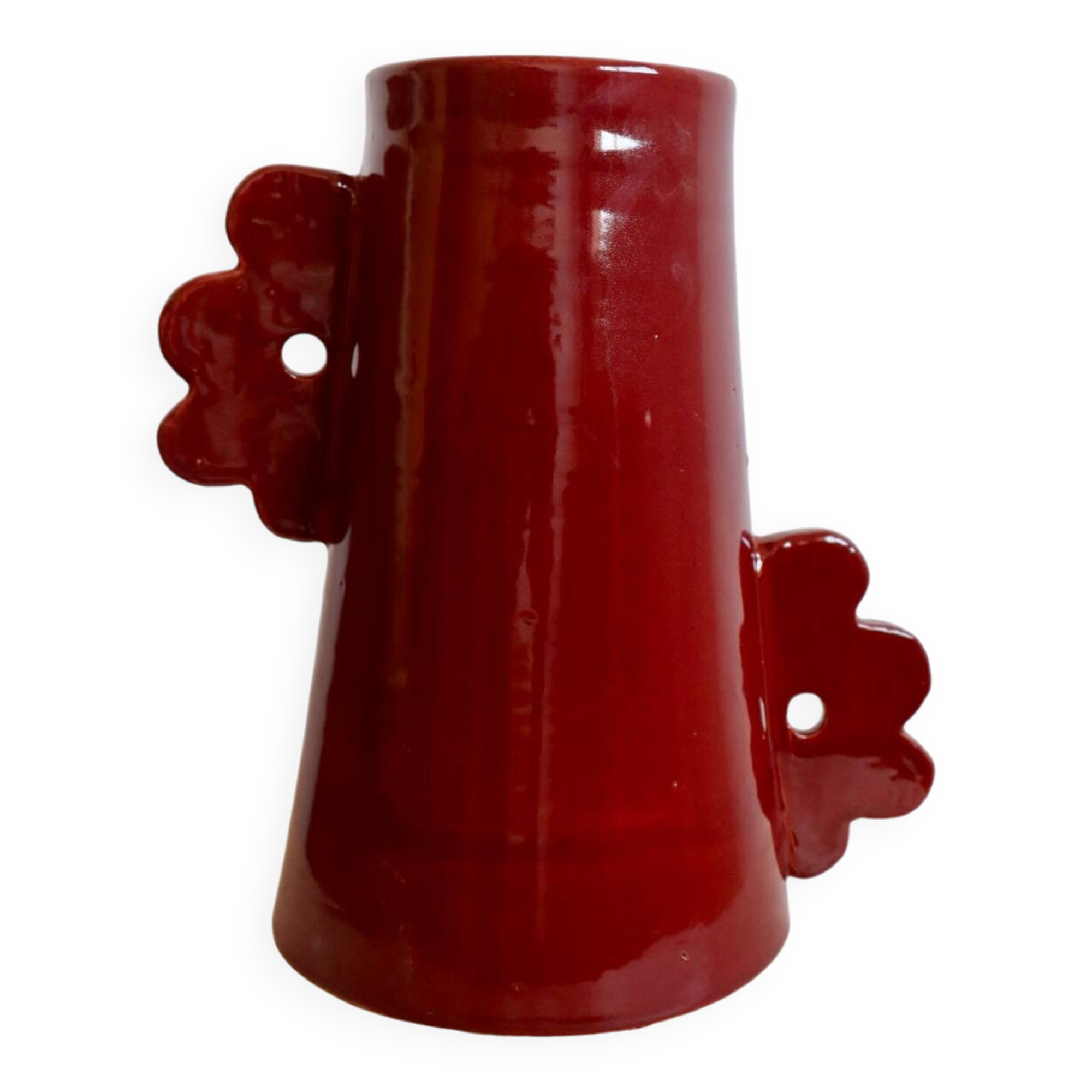 Handmade abstract ceramic vase with asymmetrical handles and burgundy flower