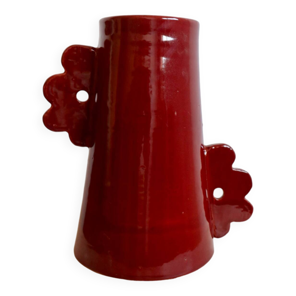 Vase abstrait en céramique fait-main aux anses asymétriques fleur bordeaux