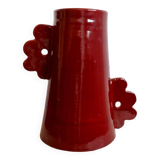 Handmade ceramic abstract vase with asymmetrical handles burgundy flower