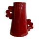 Handmade abstract ceramic vase with asymmetrical handles and burgundy flower