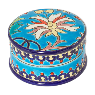 Small round box turquoise blue Art Deco Emaux de Longwy 1940