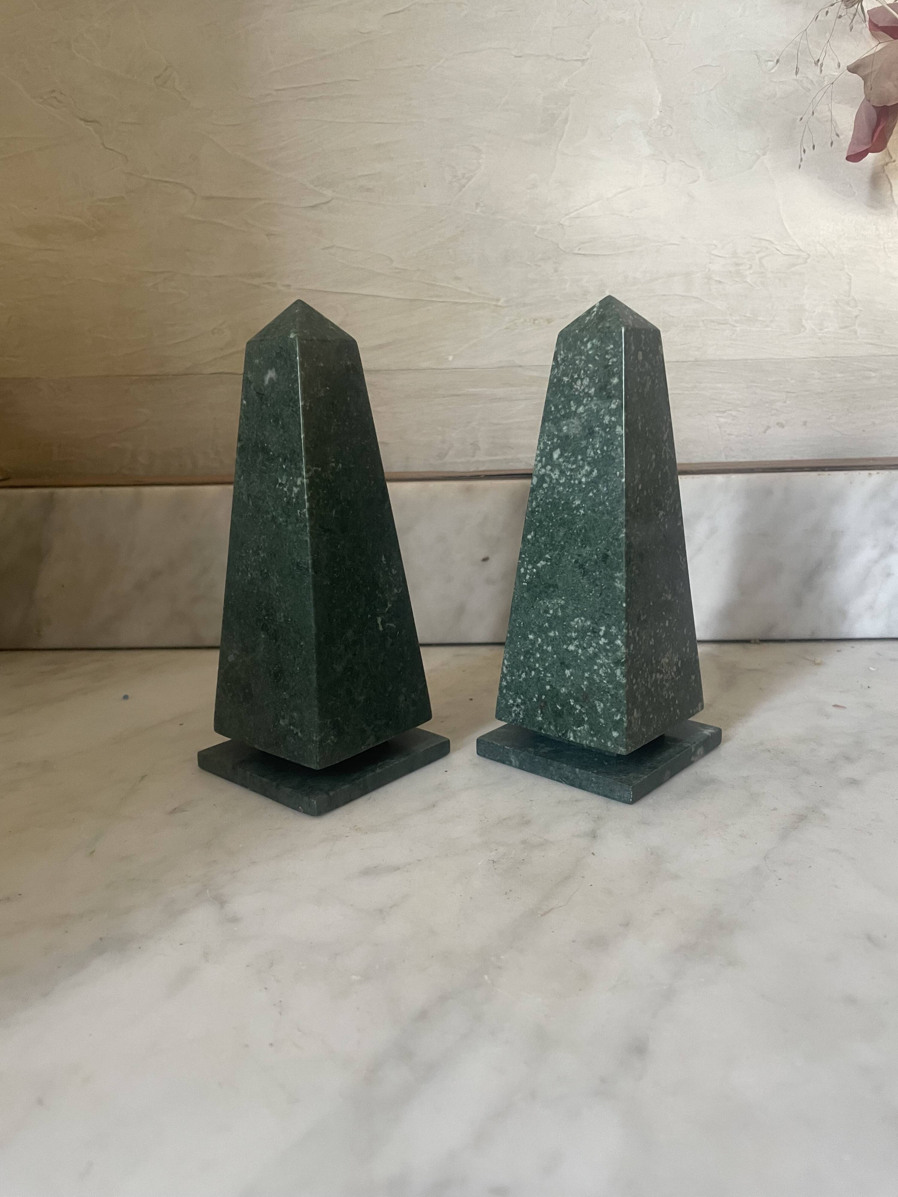 Pair of green marble obelisk bookends