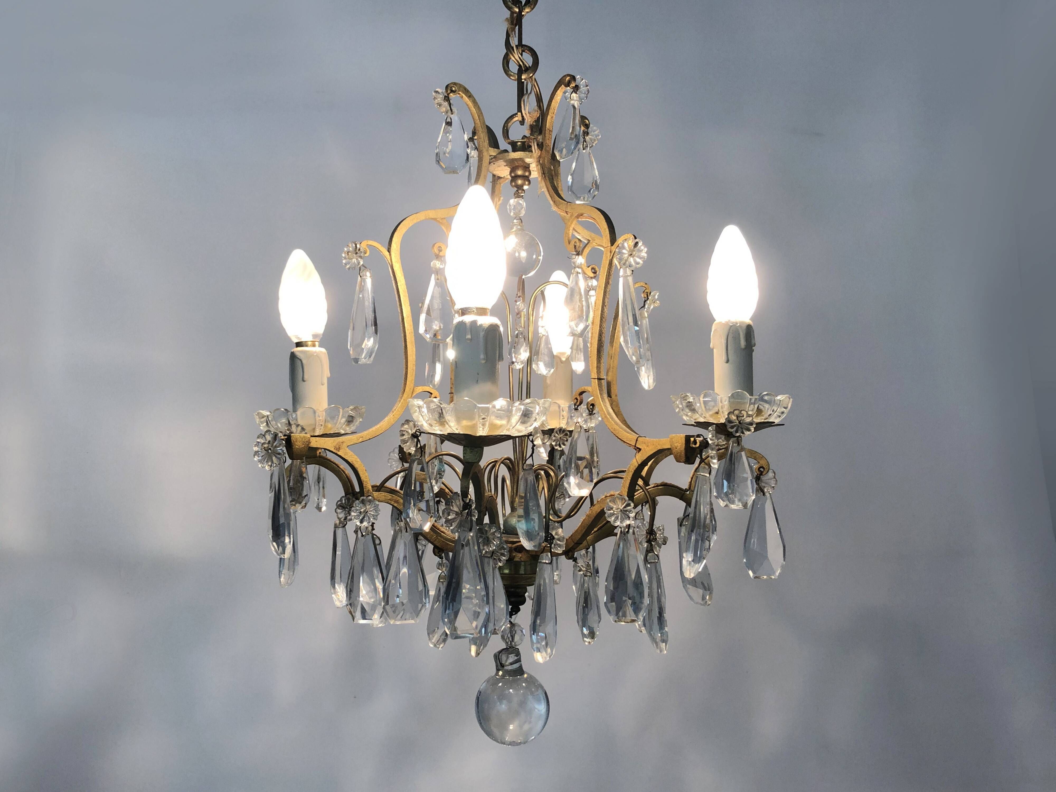 Bronze cage chandelier and glass tassels, with 4 lights. Chandelier tassels. 60s