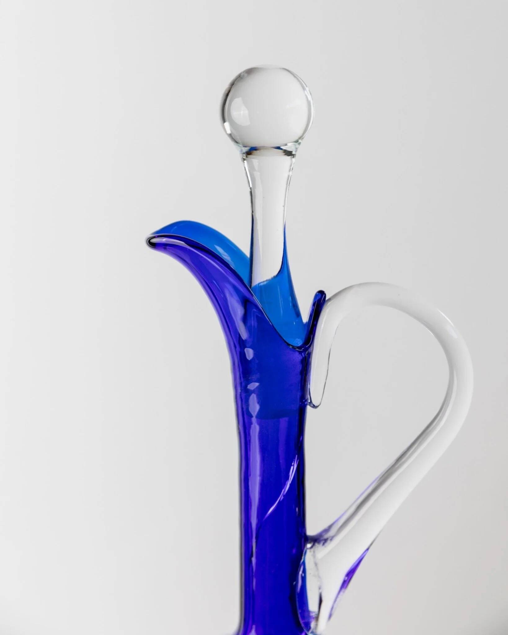 Murano cobalt blue glass carafe with clear handle and stopper - 1960s Italy, vintage mid-century design