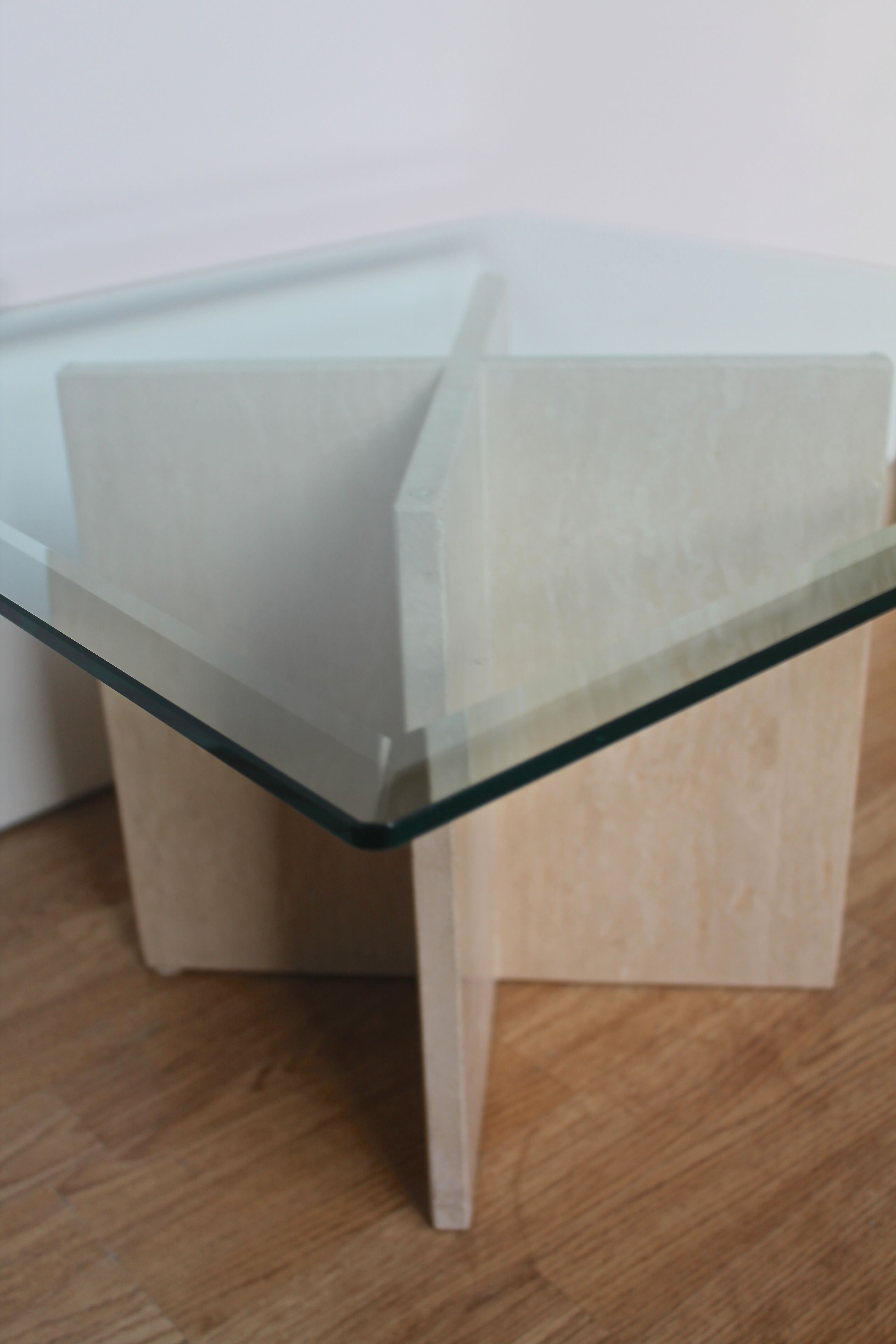 Table low vintage 70's travertine and beveled glass