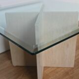 Table low vintage 70's travertine and beveled glass