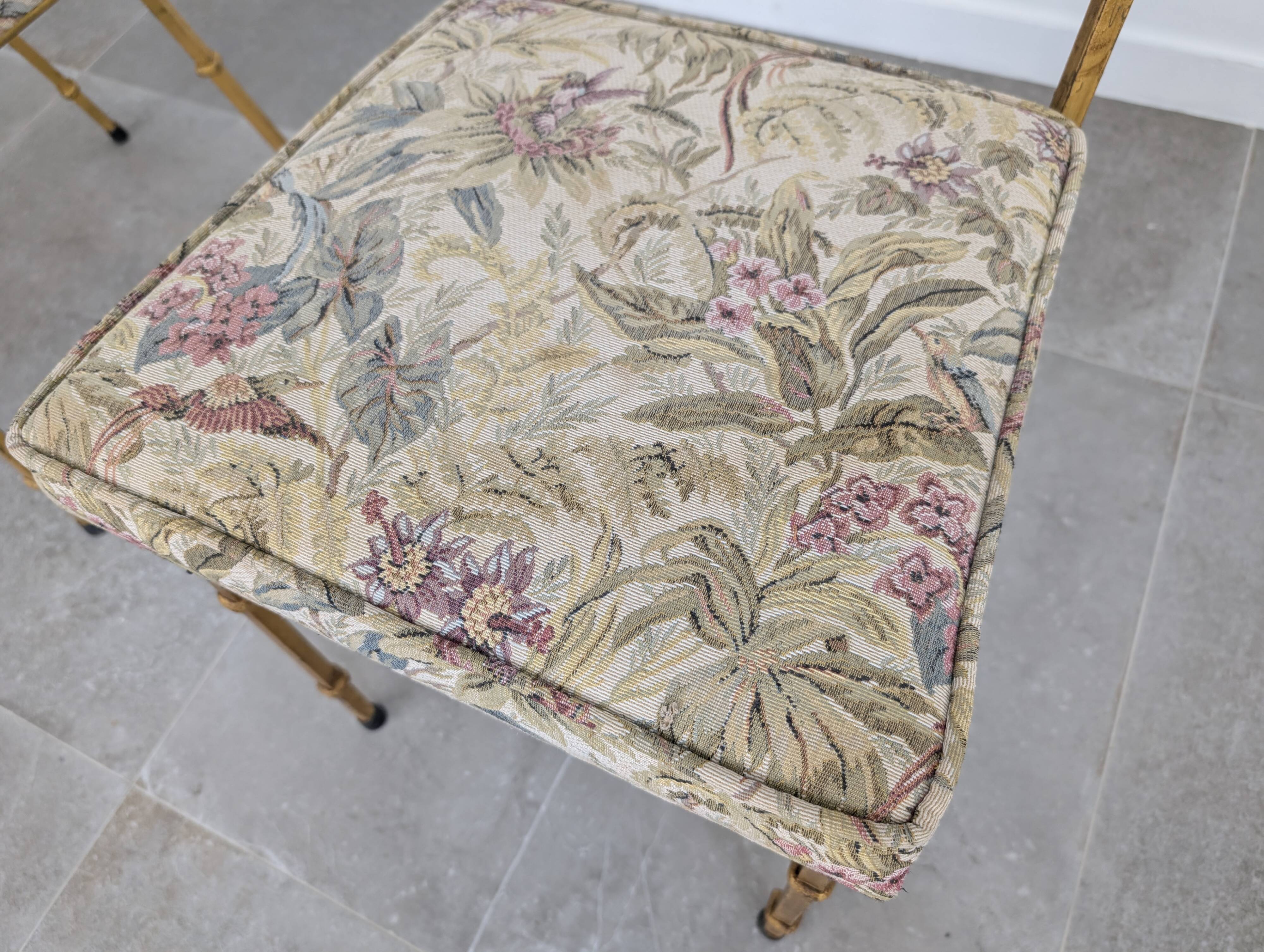 Ensemble de 4 Chaises en Fer Doré et Tissu Fleuri, Espagne, 1980s