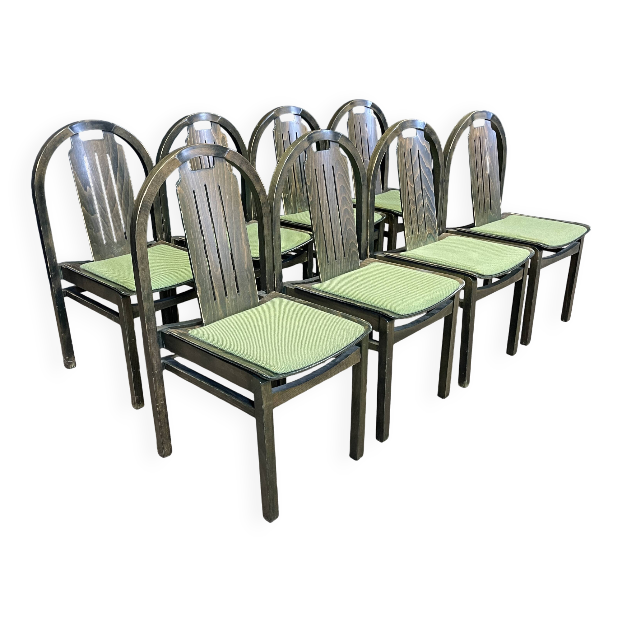 Set of 8 Baumann Argos bistro chairs wood and green fabric 80s France