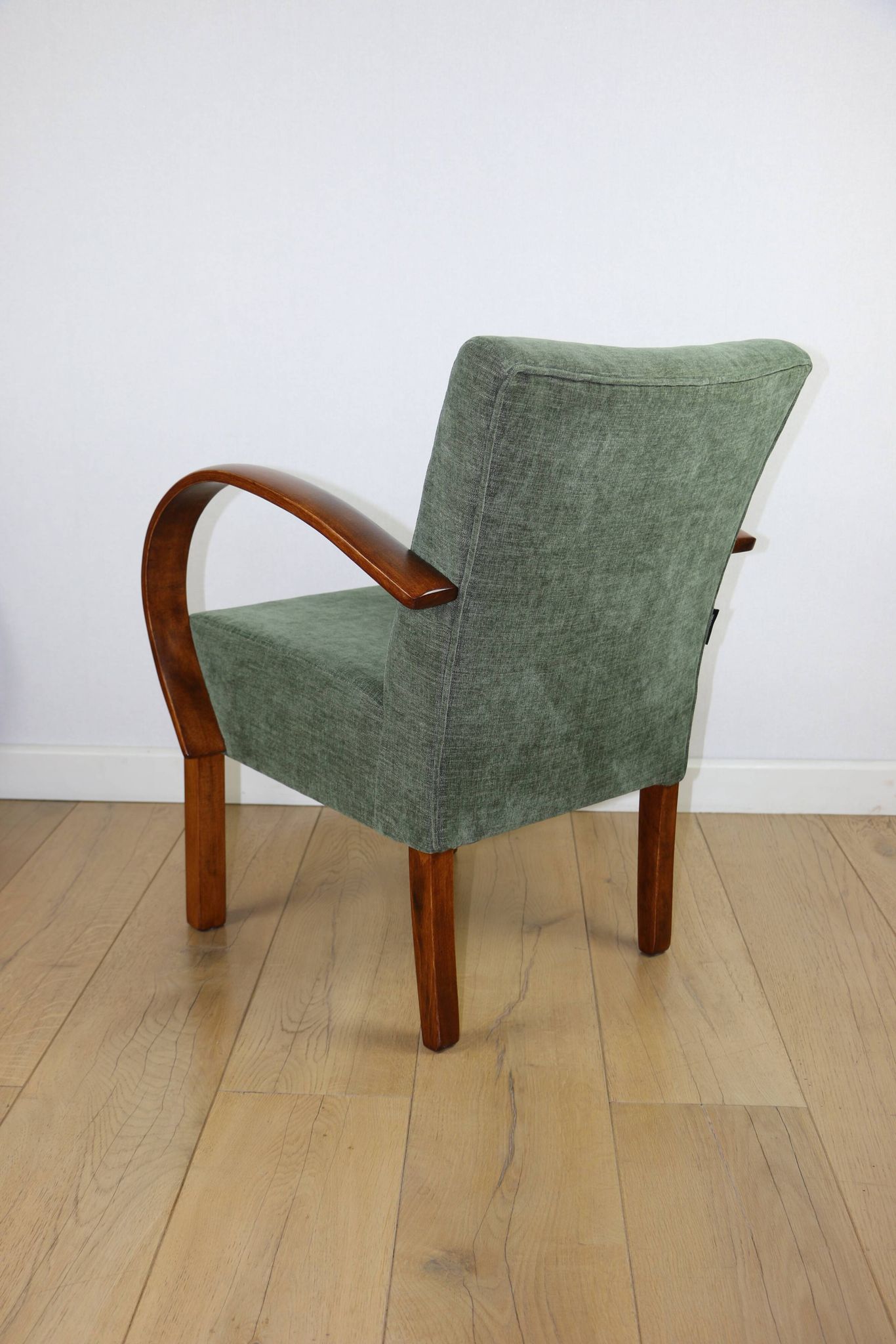Fauteuil vintage Art Déco en bois courbé et tissu vert olive