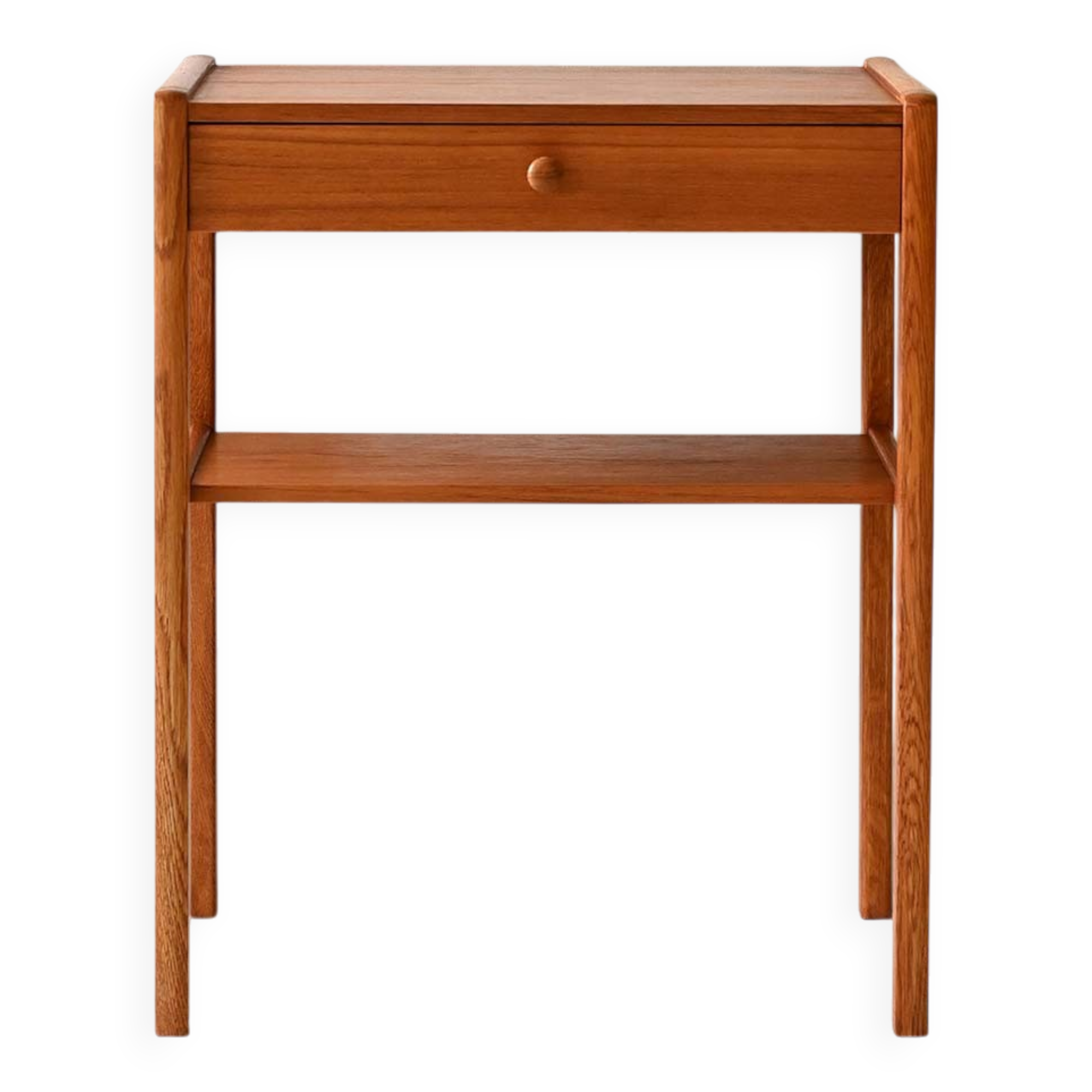 Table de chevet scandinave vintage en teck avec étagère