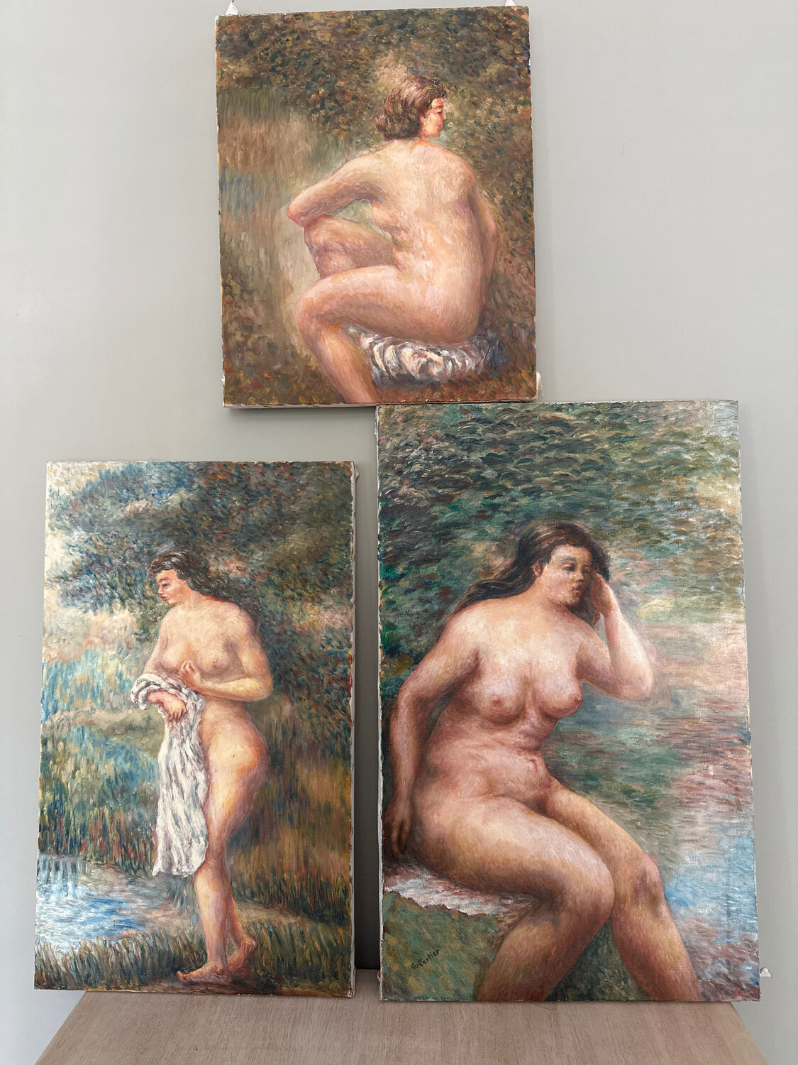 Triptych of Impressionist Nudes Oil on Canvas signed G. Cartie