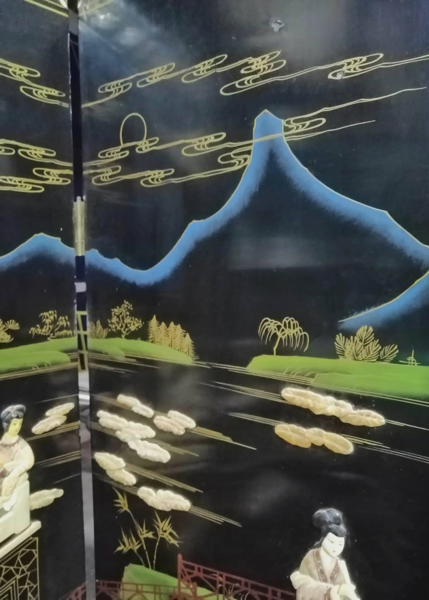 Antique Chinese bedroom screen, inlay of soapstone, jade, ivory, mother-of-pearl