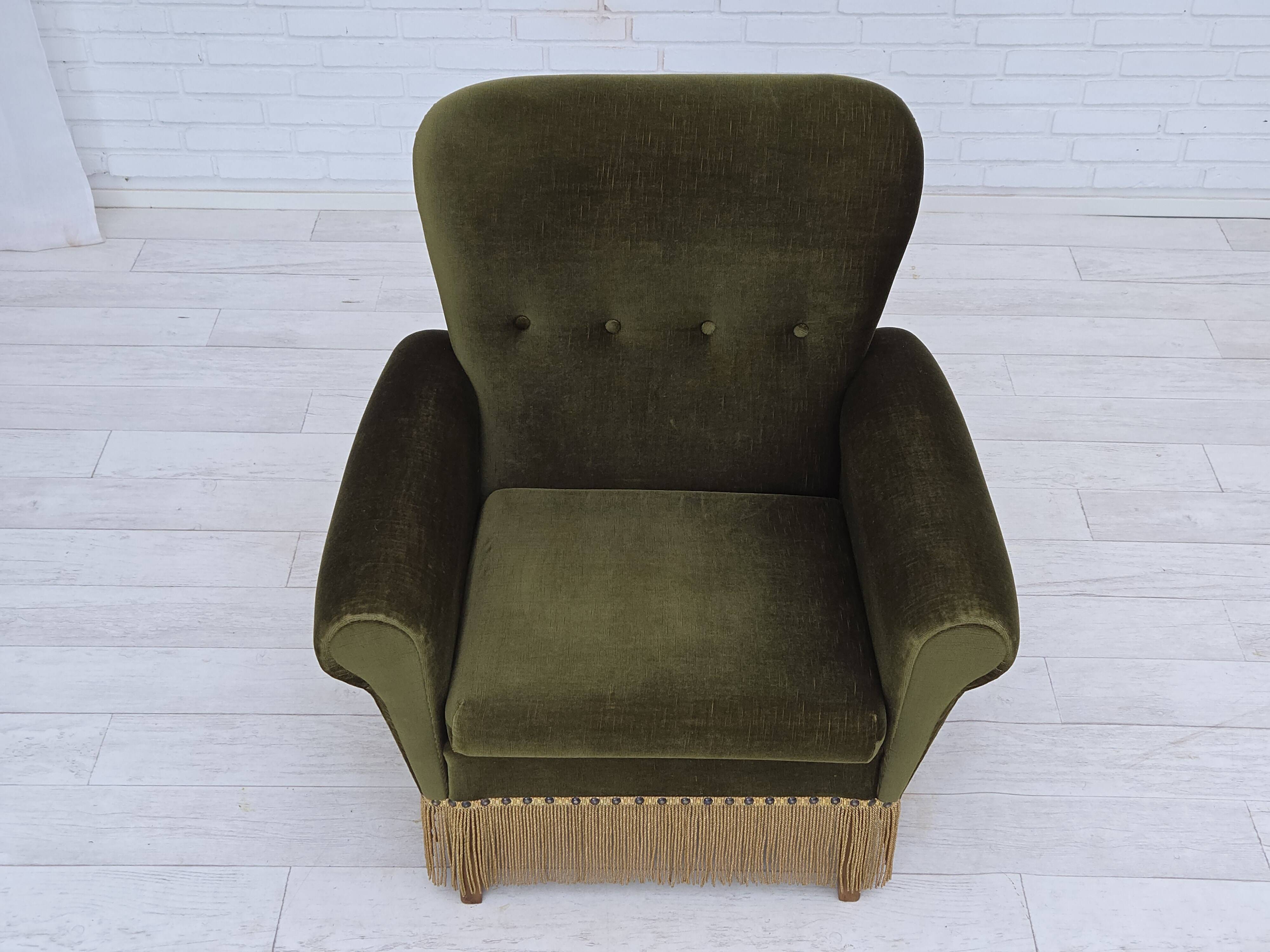 1970s, Danish lounge chair, high, furniture velour, ash wood legs.