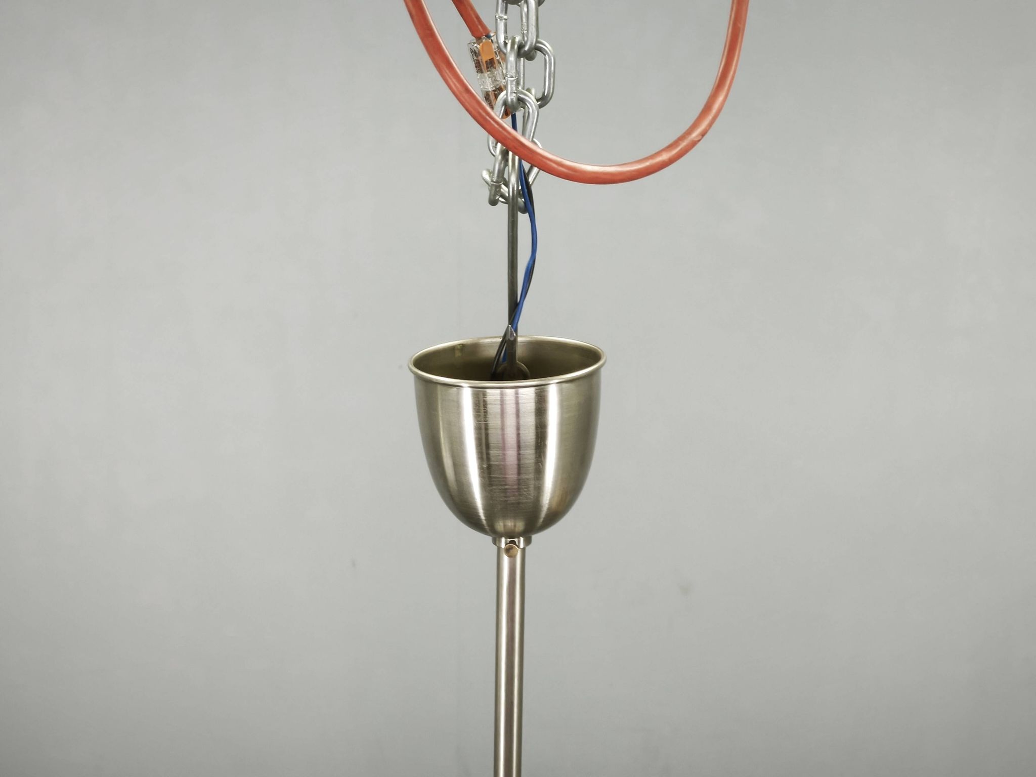 Pair of 1930s Czech Art Deco Opaline Glass and Chrome Pendant Lights