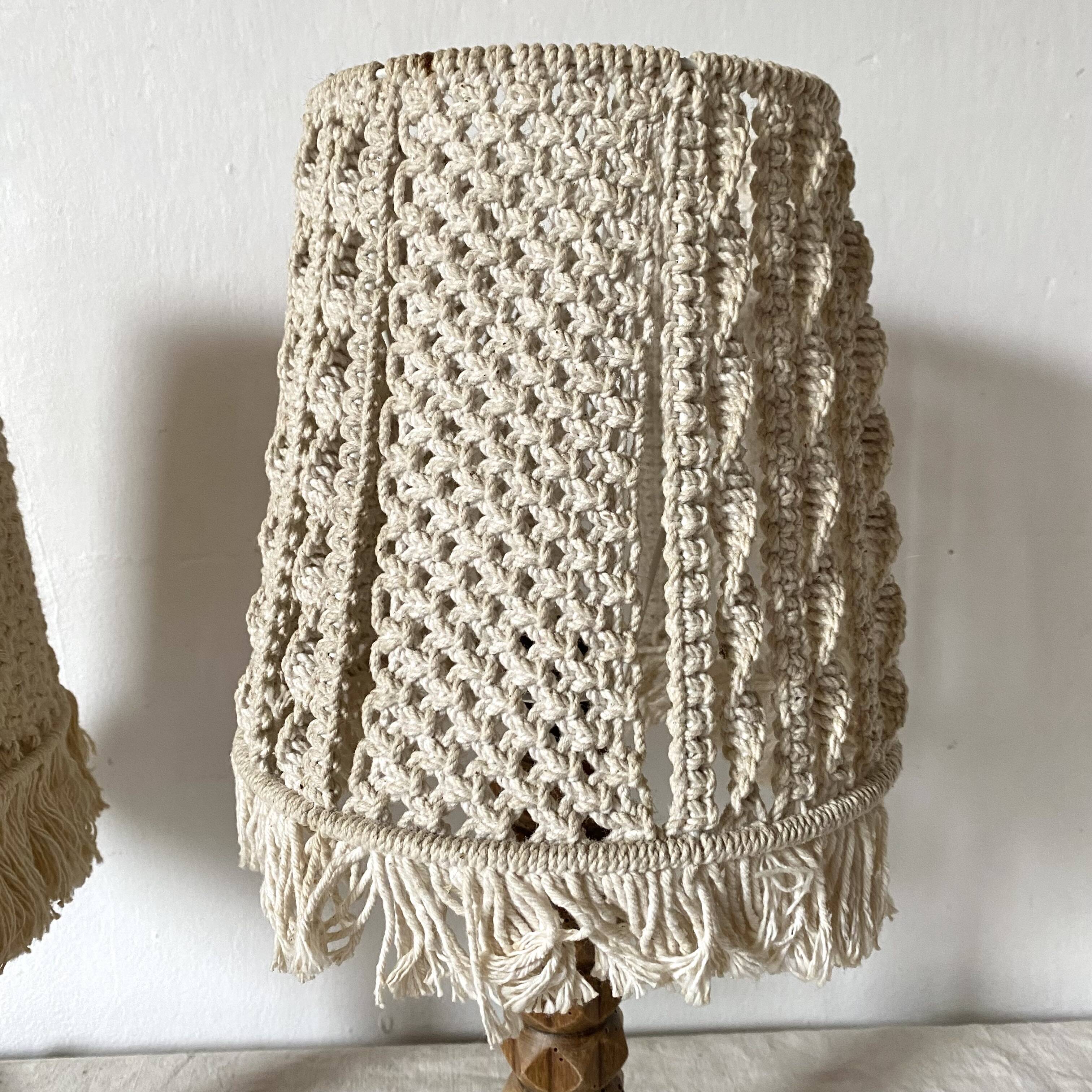 Pair of carved wood and macramé bedside lamps