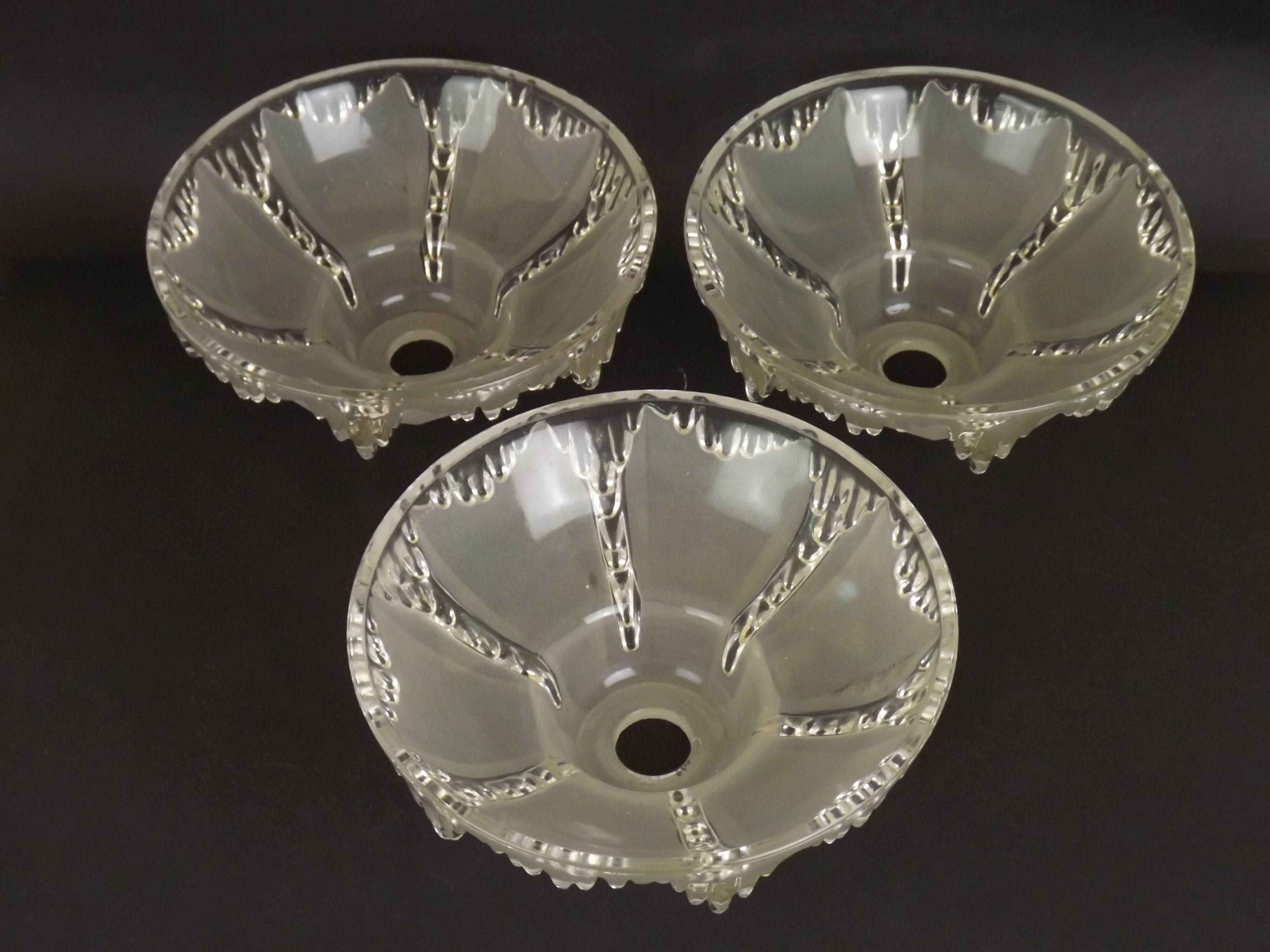 Signed ezan france frosted glass icicle shades set of 3 – art deco lighting