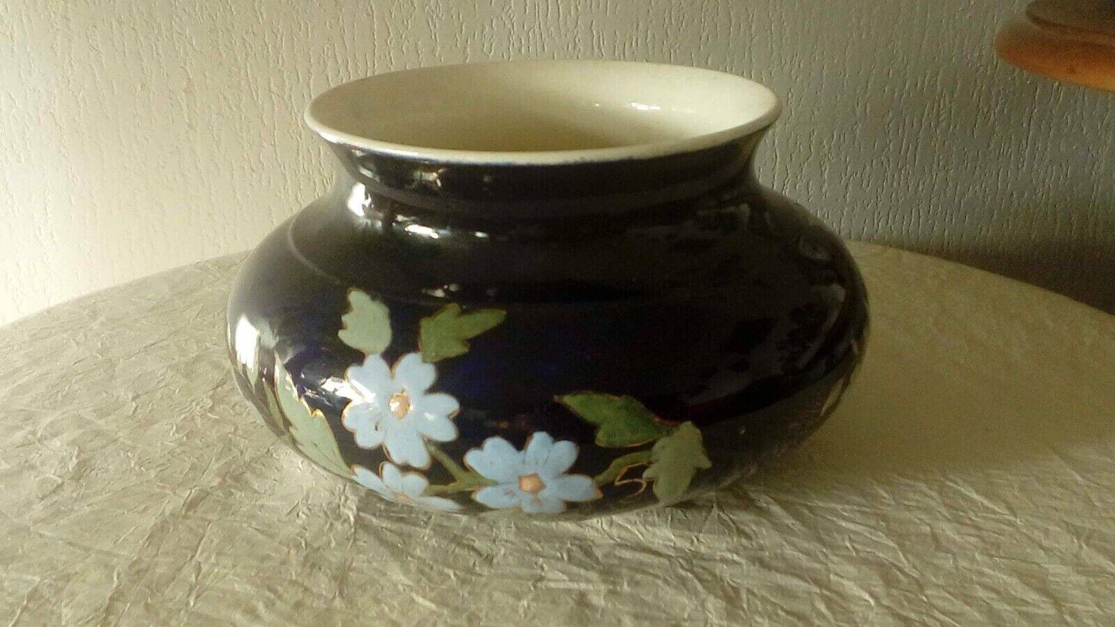 Centerpiece vase in blue earthenware from the oven with Sarreguemines enameled decor