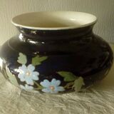 Centerpiece vase in blue earthenware from the oven with Sarreguemines enameled decor