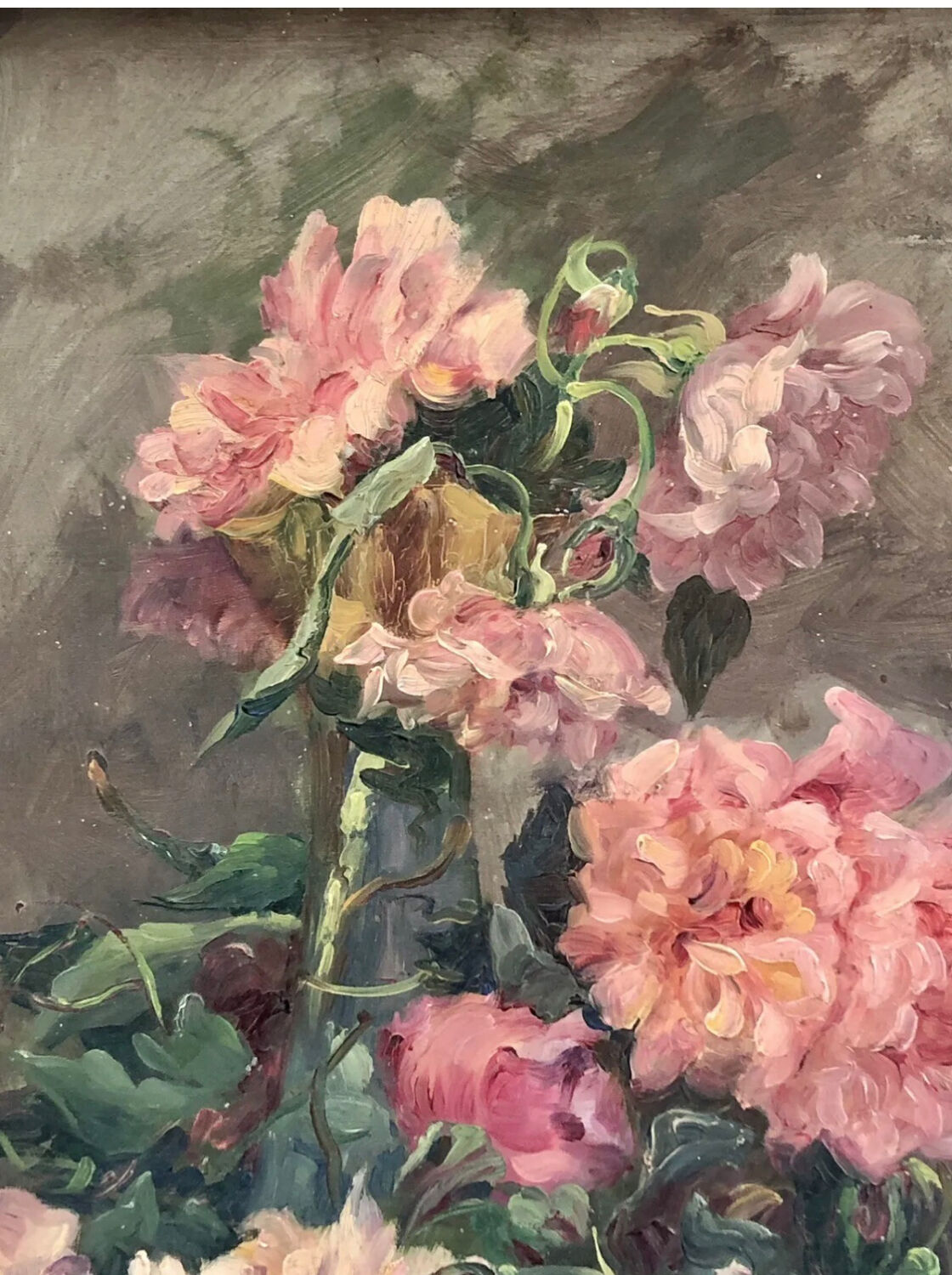 François Félix Roubaud Still life oil on wooden panel bouquet roses peonies XIX
