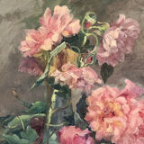 François Félix Roubaud Still life oil on wooden panel bouquet roses peonies XIX