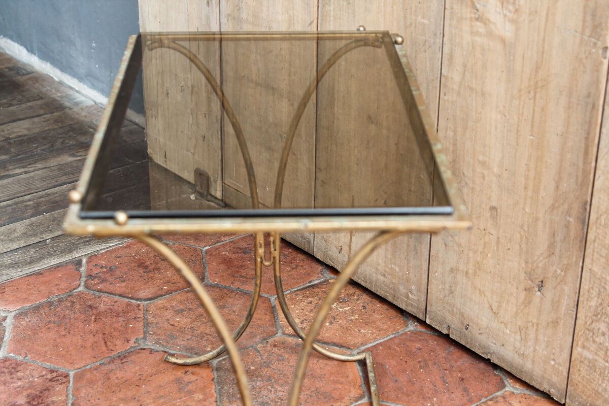 Sofa end, coffee table, wrought iron and glass