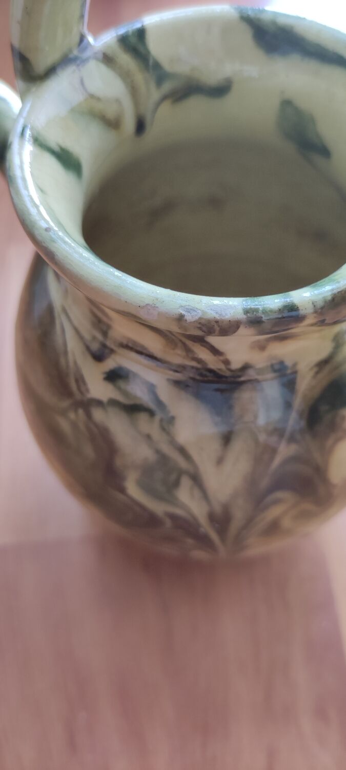 Cruche pichet en céramique émaillée jaune et verte