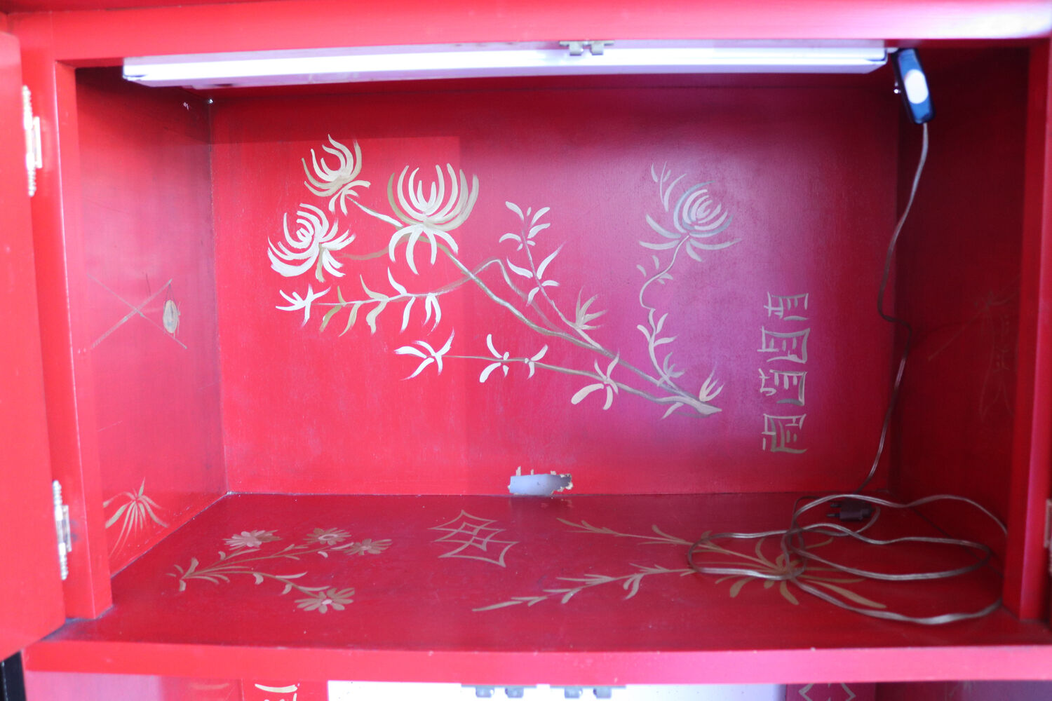 Black and red chinoiserie wardrobe – illuminated vintage furniture