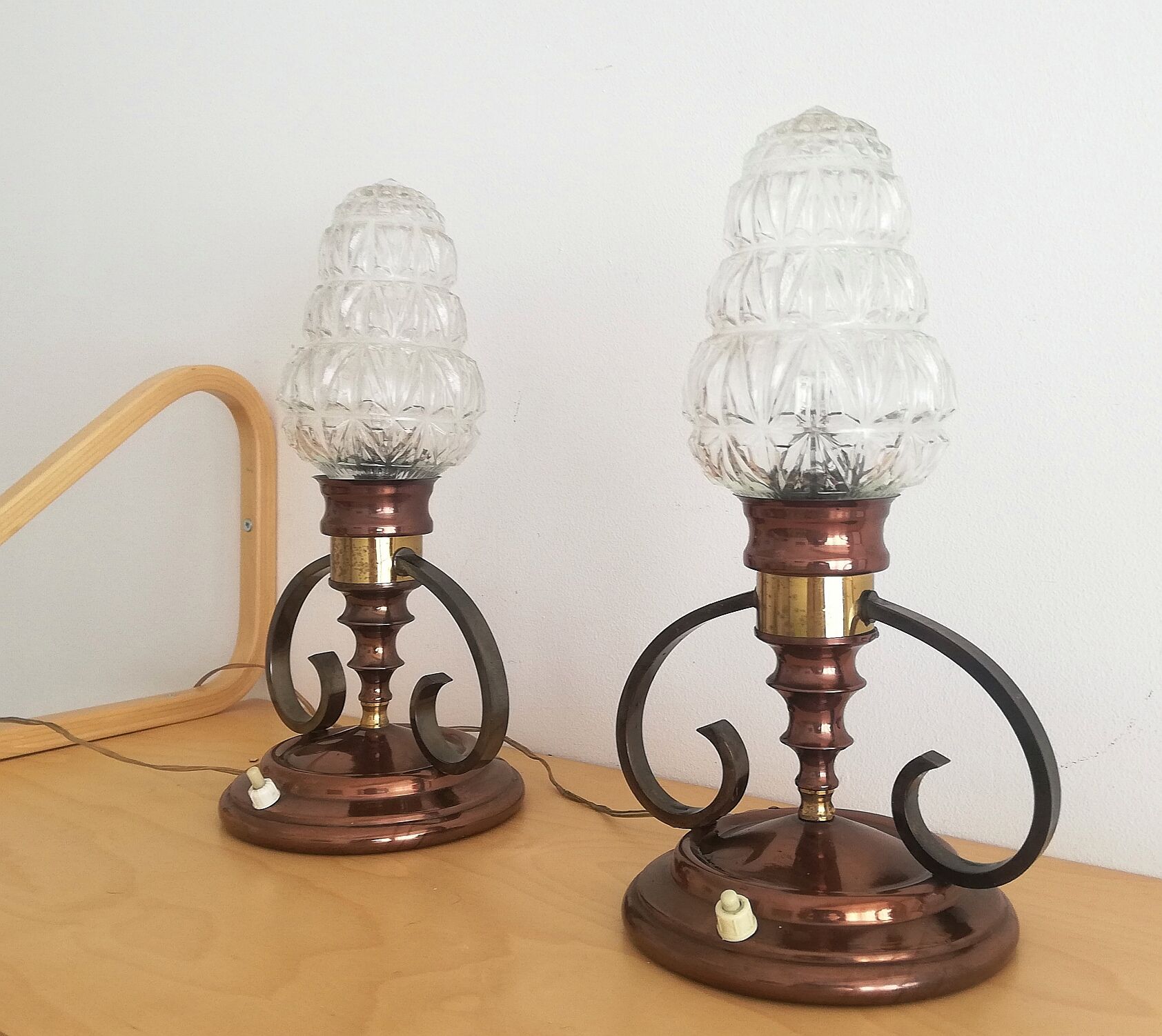 Pair of Ar Nouveau style copper and crystal table lamps vintage 1950s 50s