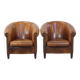 Set of 2 club armchairs in sheepskin leather with black piping
