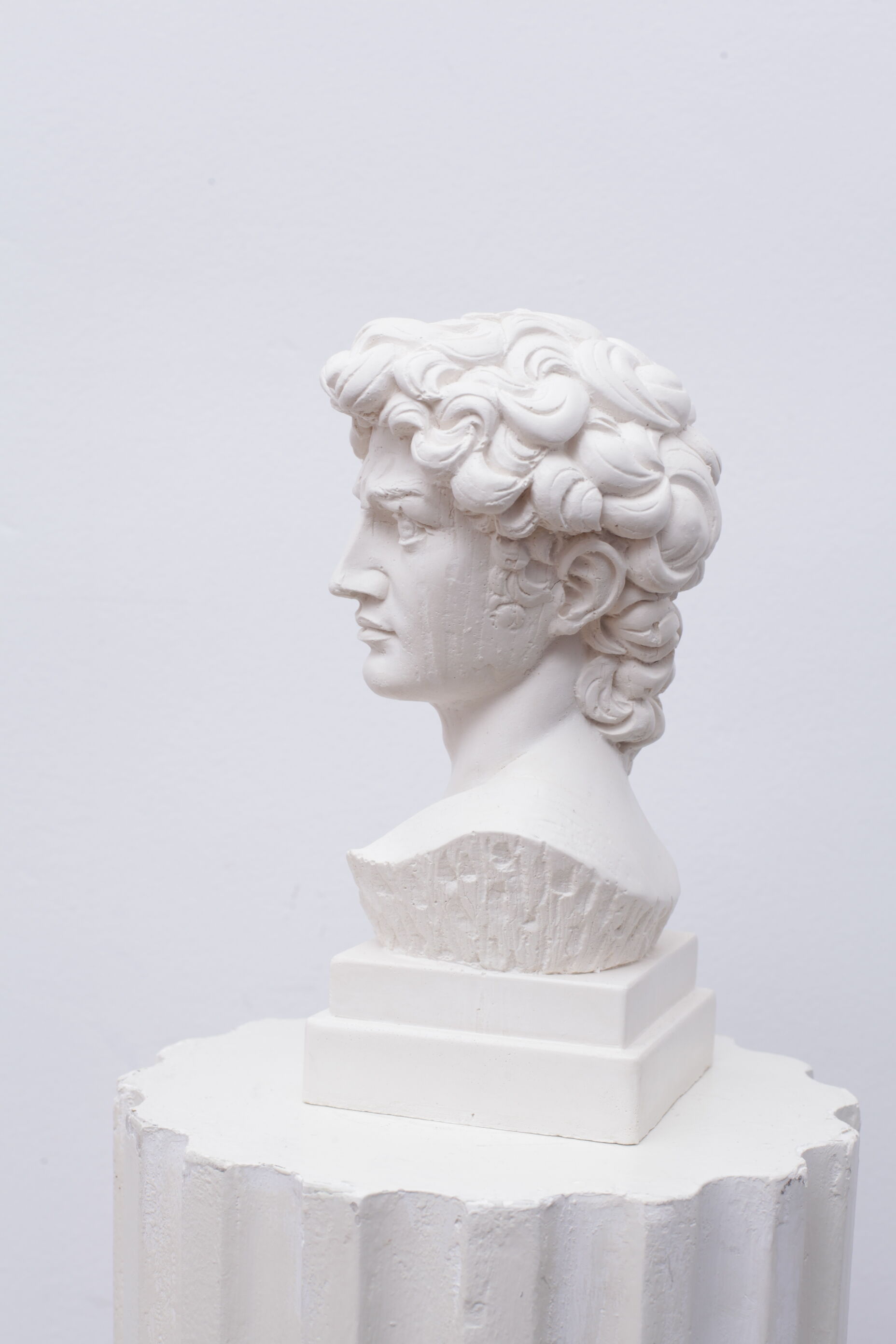 Head David in white plaster Roman Greek sculpture