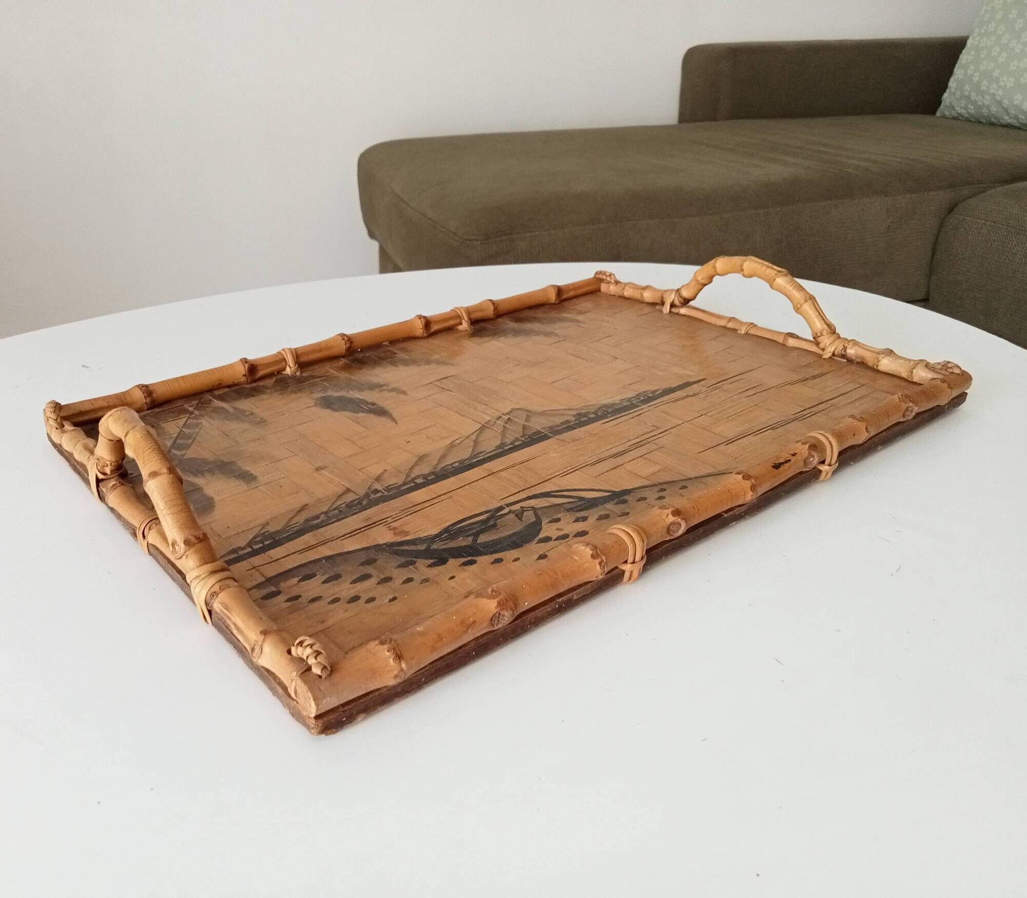 Vintage serving dish in bamboo and rattan Diamond Head Hawaii Tiki 60's