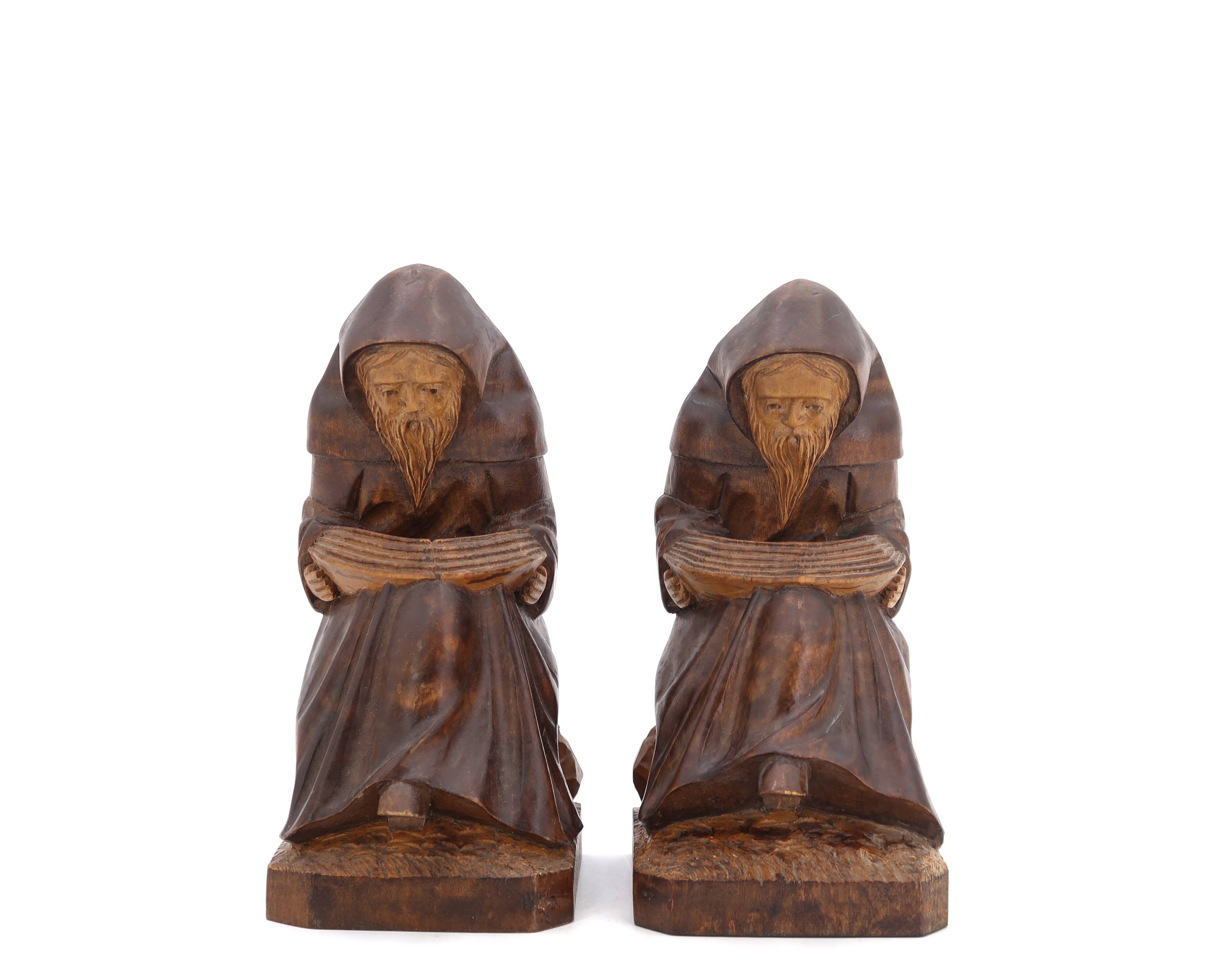 Wooden bookends monks reading, 80s