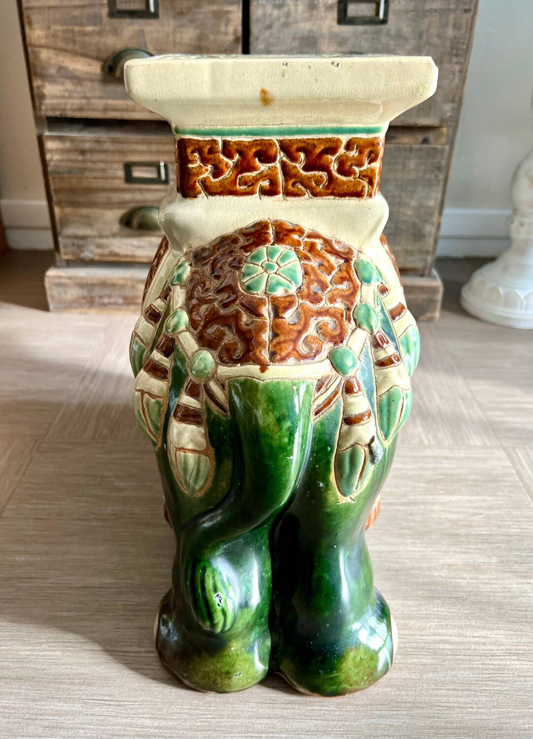 Enameled Ceramic Elephant, Plant Holder, Stool