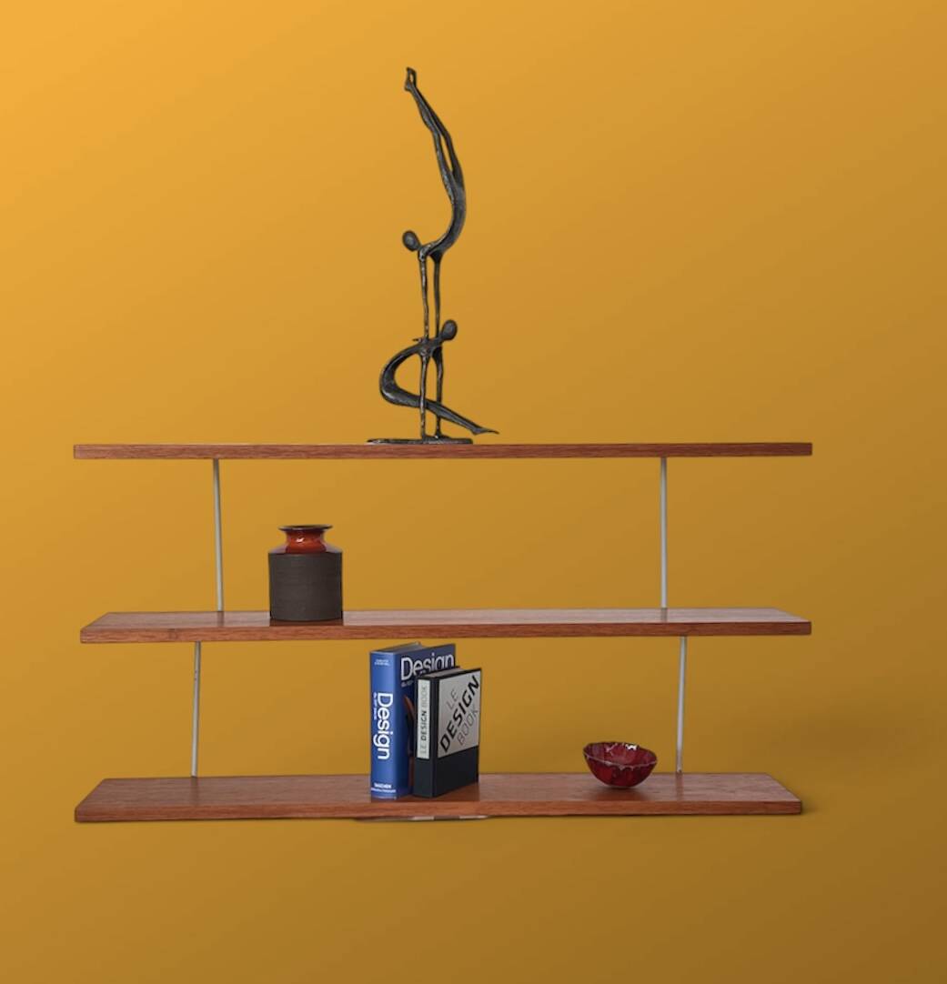 Three-tier bookshelf in teak veneer and metal, France 60s