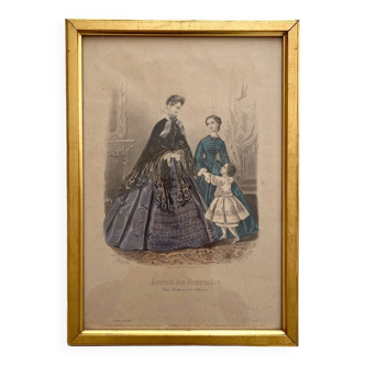 Engraving / lithograph fashion illustration, golden frame late 19th