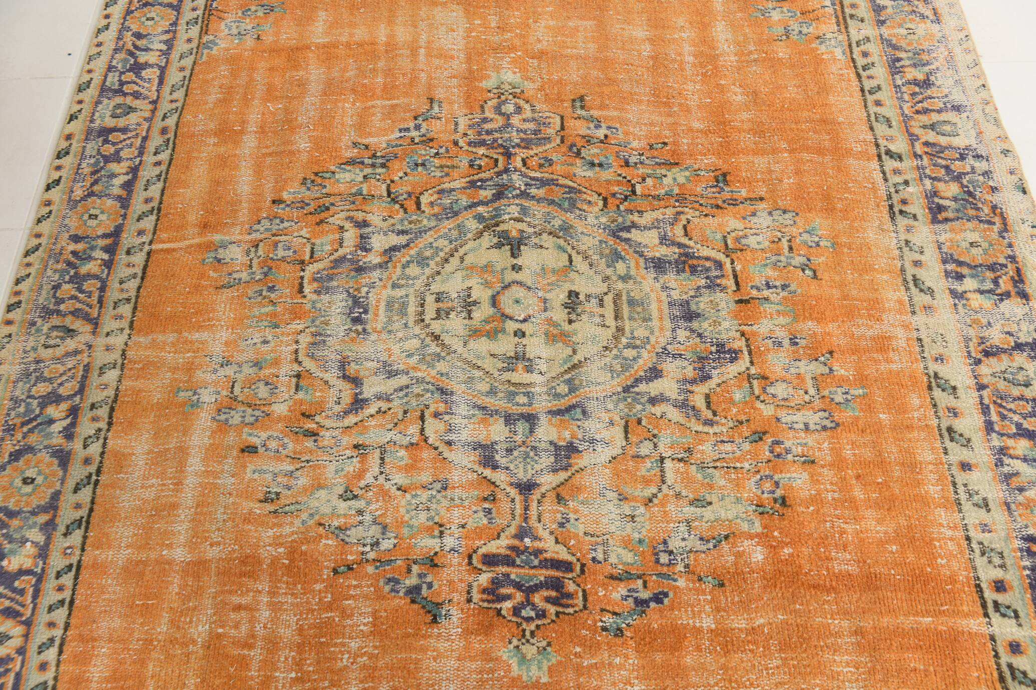 7x9 Orange & Cream Oriental Pattern Vintage Rug, 202x282Cm